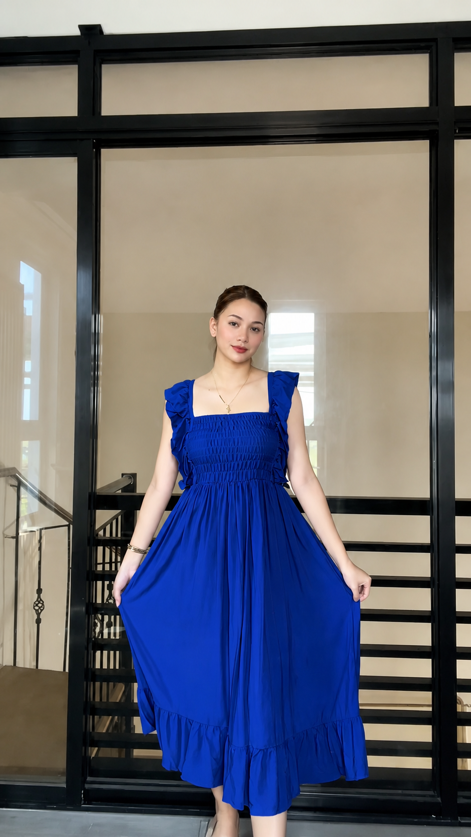 SC70 Dress |  Ruffle Strap Smocking Linen Maxi Dress