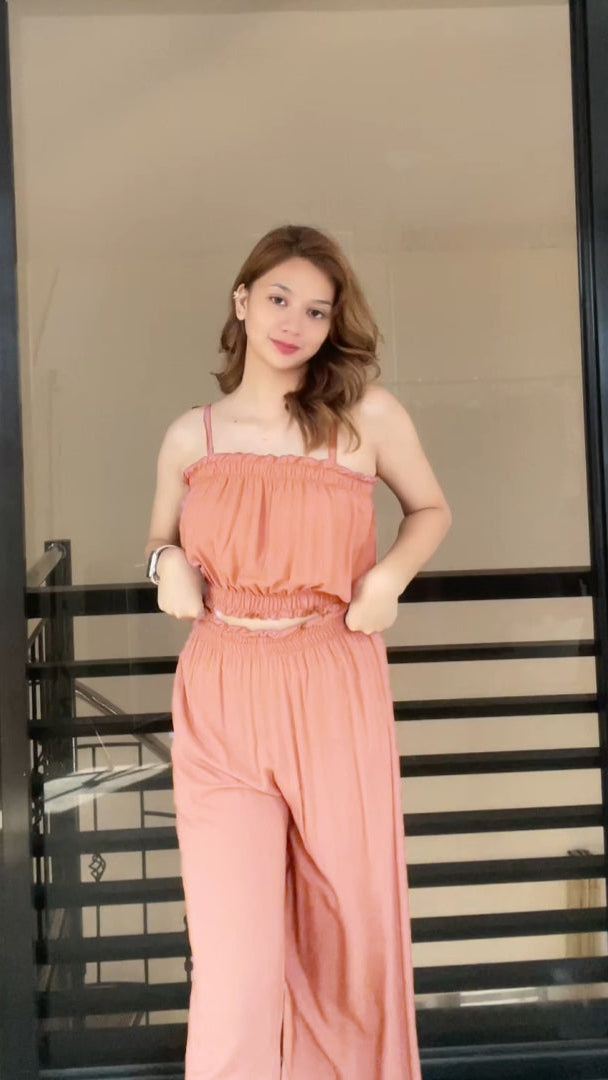 SC107 Set | Self Tie Tube Top and Wideleg Pants with pockets Linen Set