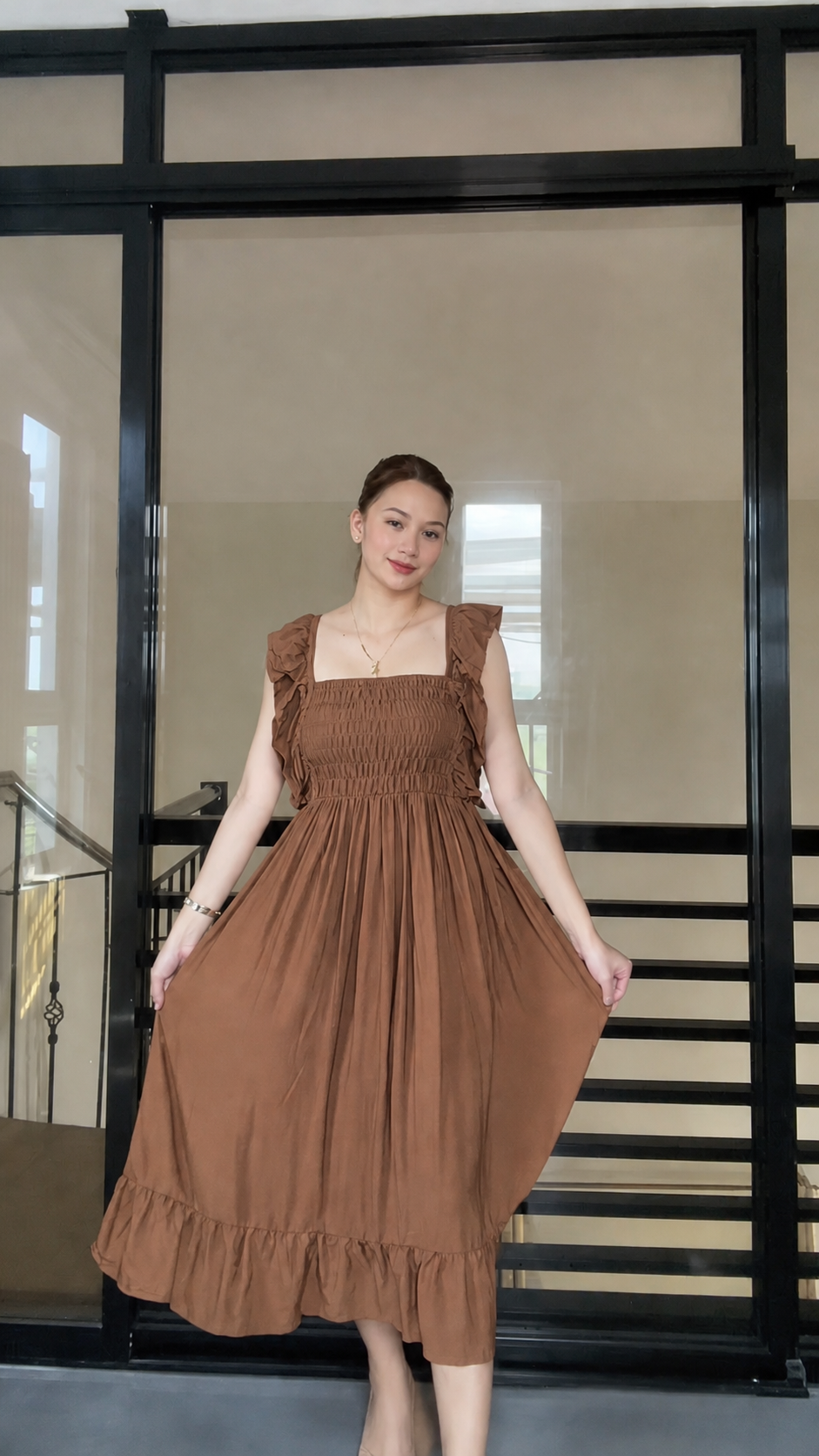 SC70 Dress |  Ruffle Strap Smocking Linen Maxi Dress