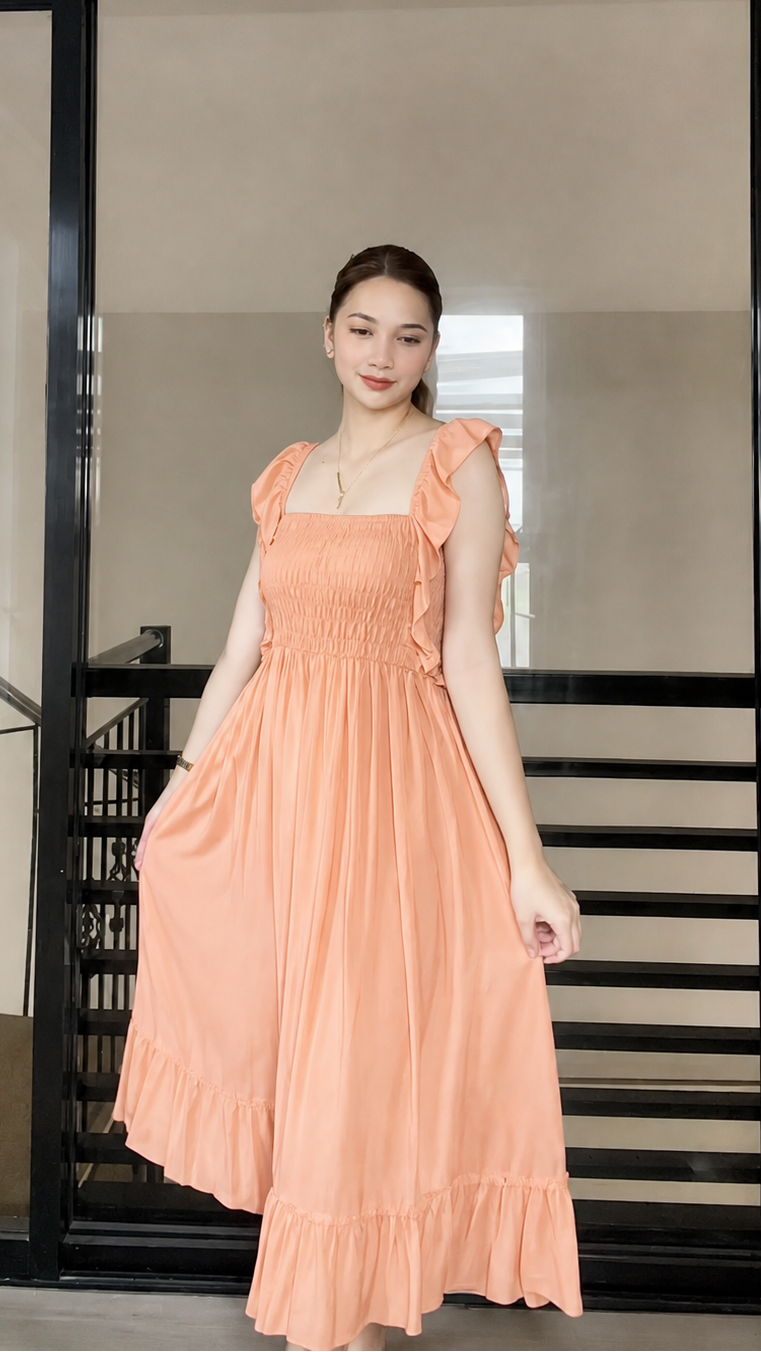 SC70 Dress |  Ruffle Strap Smocking Linen Maxi Dress