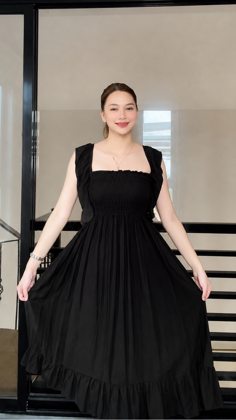 SC70 Dress |  Ruffle Strap Smocking Linen Maxi Dress