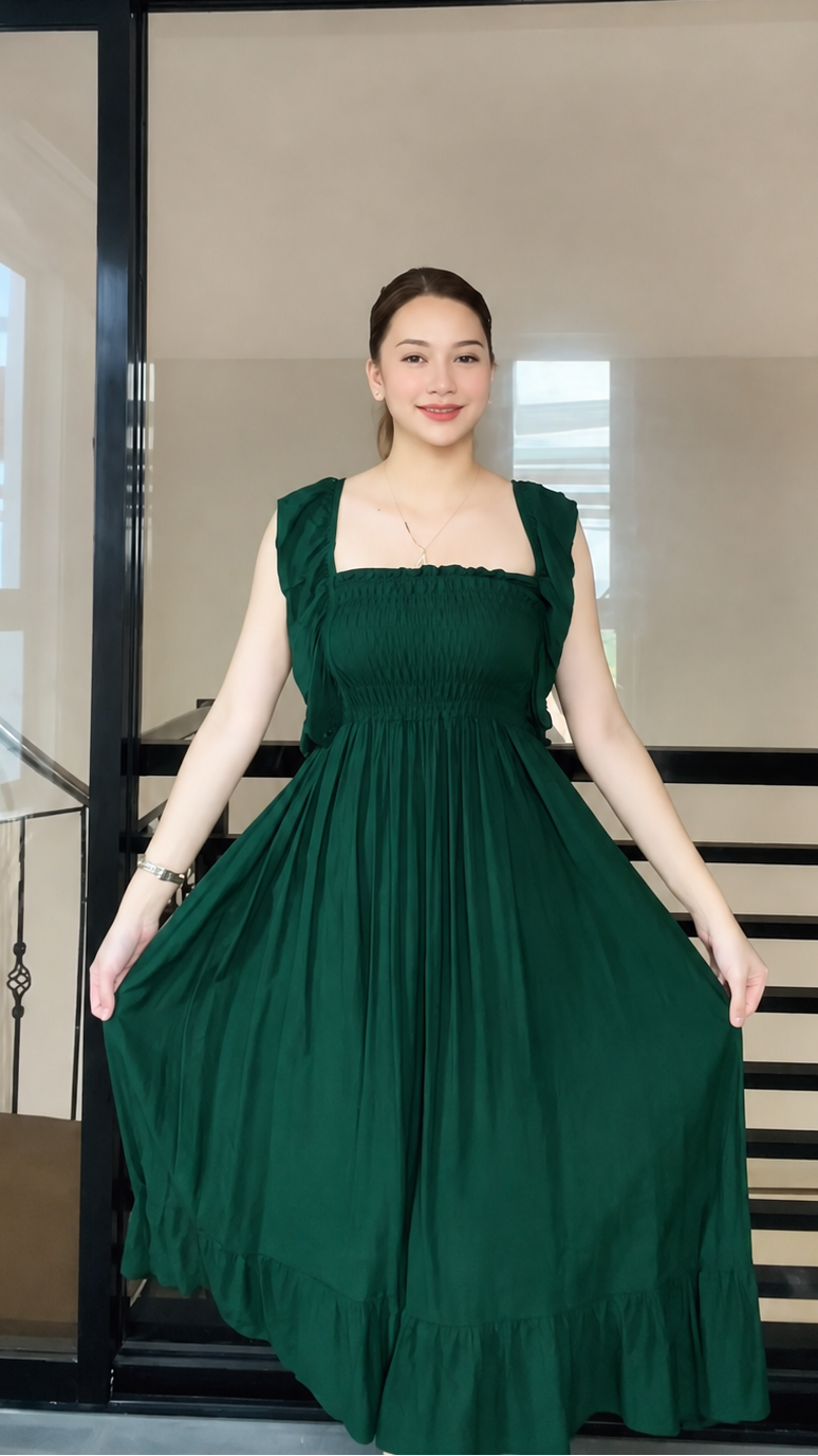 SC70 Dress |  Ruffle Strap Smocking Linen Maxi Dress