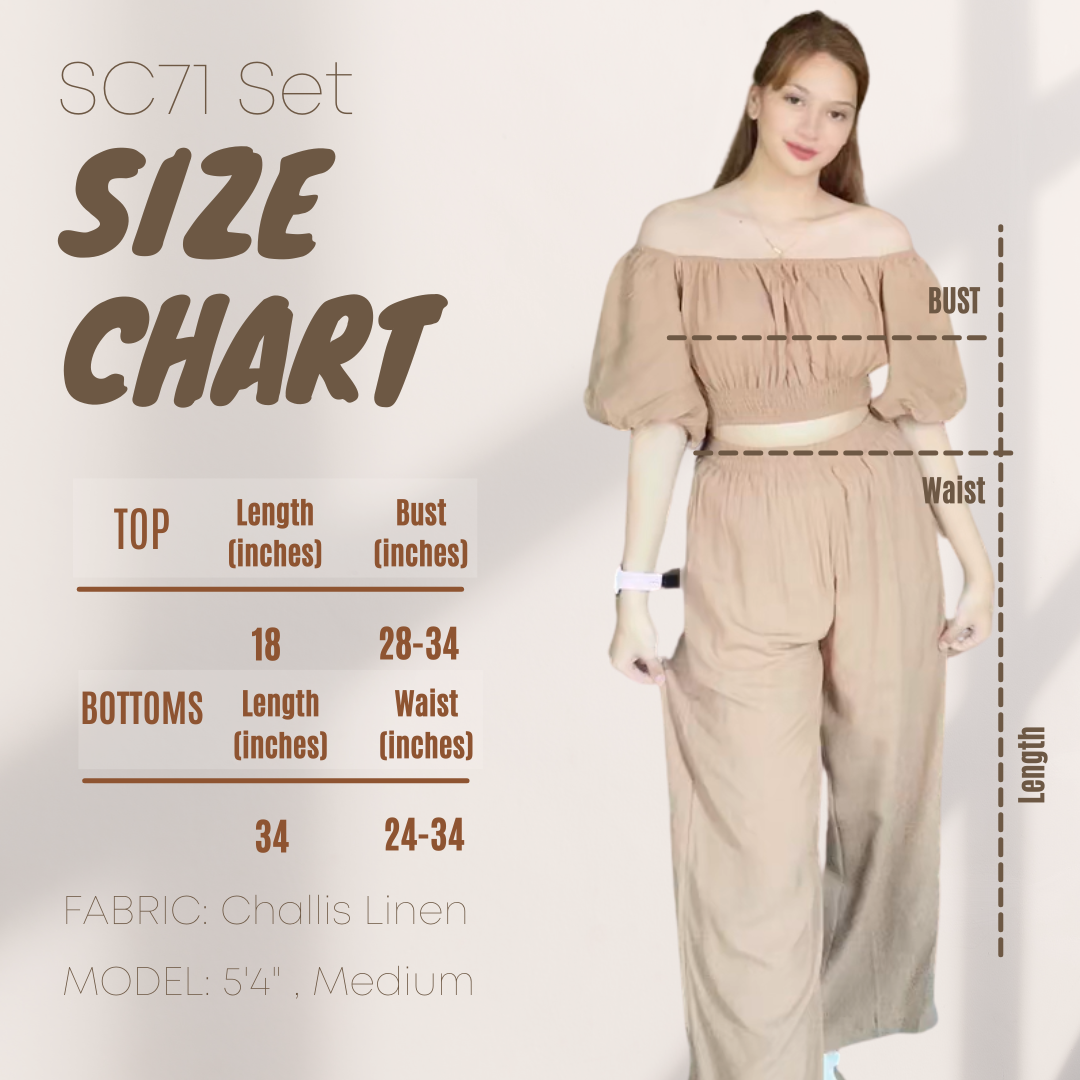 SC71 Set | Off-Shoulder Puff Sleeve Top and Wideleg Pants Linen Coordinates Set
