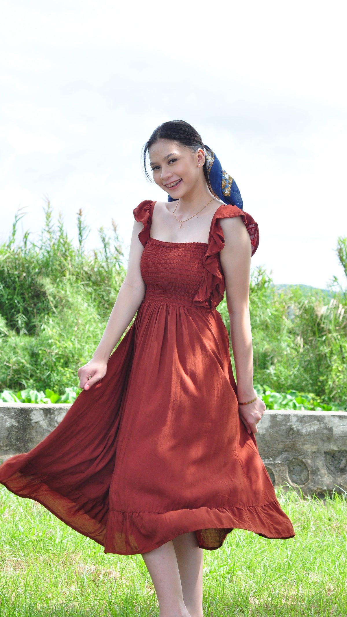 SC70 Dress |  Ruffle Strap Smocking Linen Maxi Dress