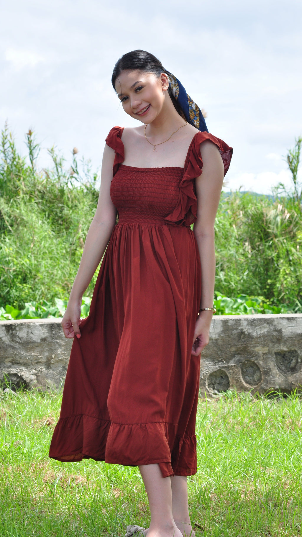 SC70 Dress |  Ruffle Strap Smocking Linen Maxi Dress