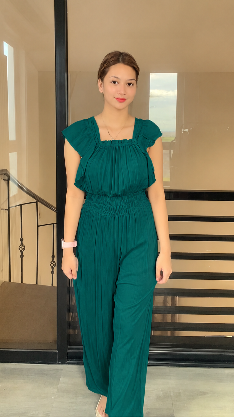 SC109 Jumpsuit | Ruffles Women’s Smocked Waist Wide-Leg Linen Romper Jumpsuits with pockets