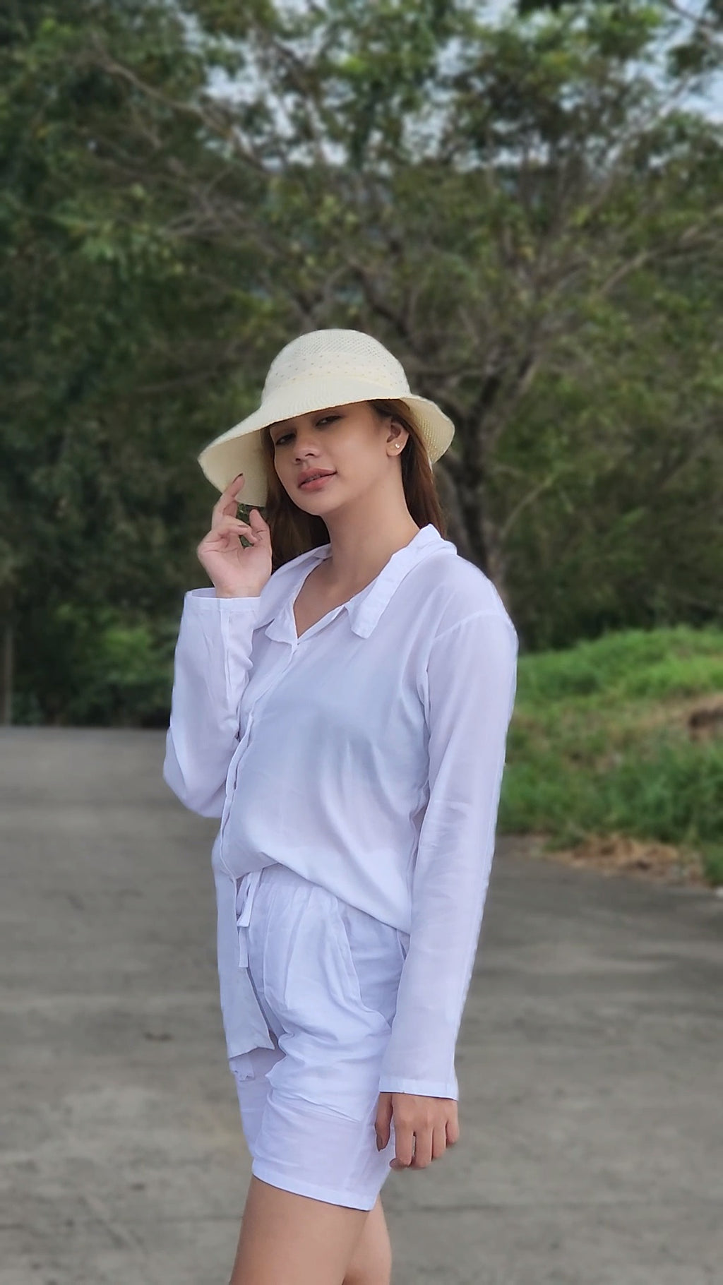 SC60 Set | Long-Sleeve Button Polo Top and Shorts with pockets Linen Set