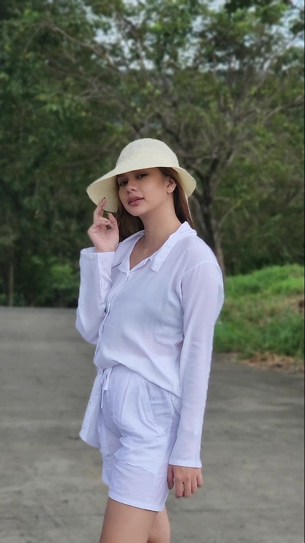 SC60 Set | Long-Sleeve Button Polo Top and Shorts with pockets Linen Set