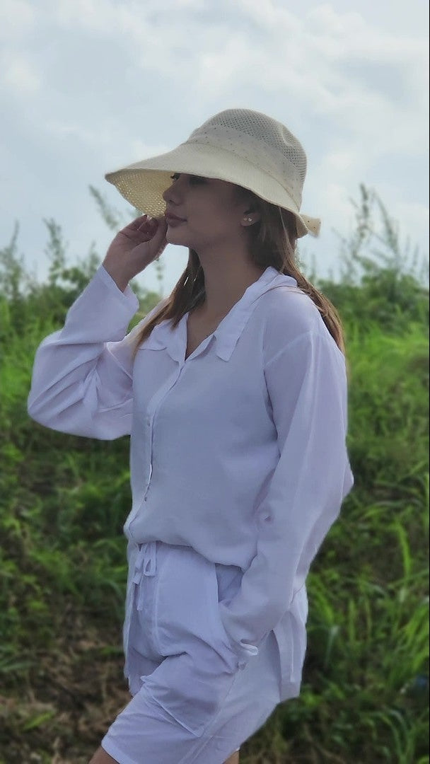 SC60 Set | Long-Sleeve Button Polo Top and Shorts with pockets Linen Set