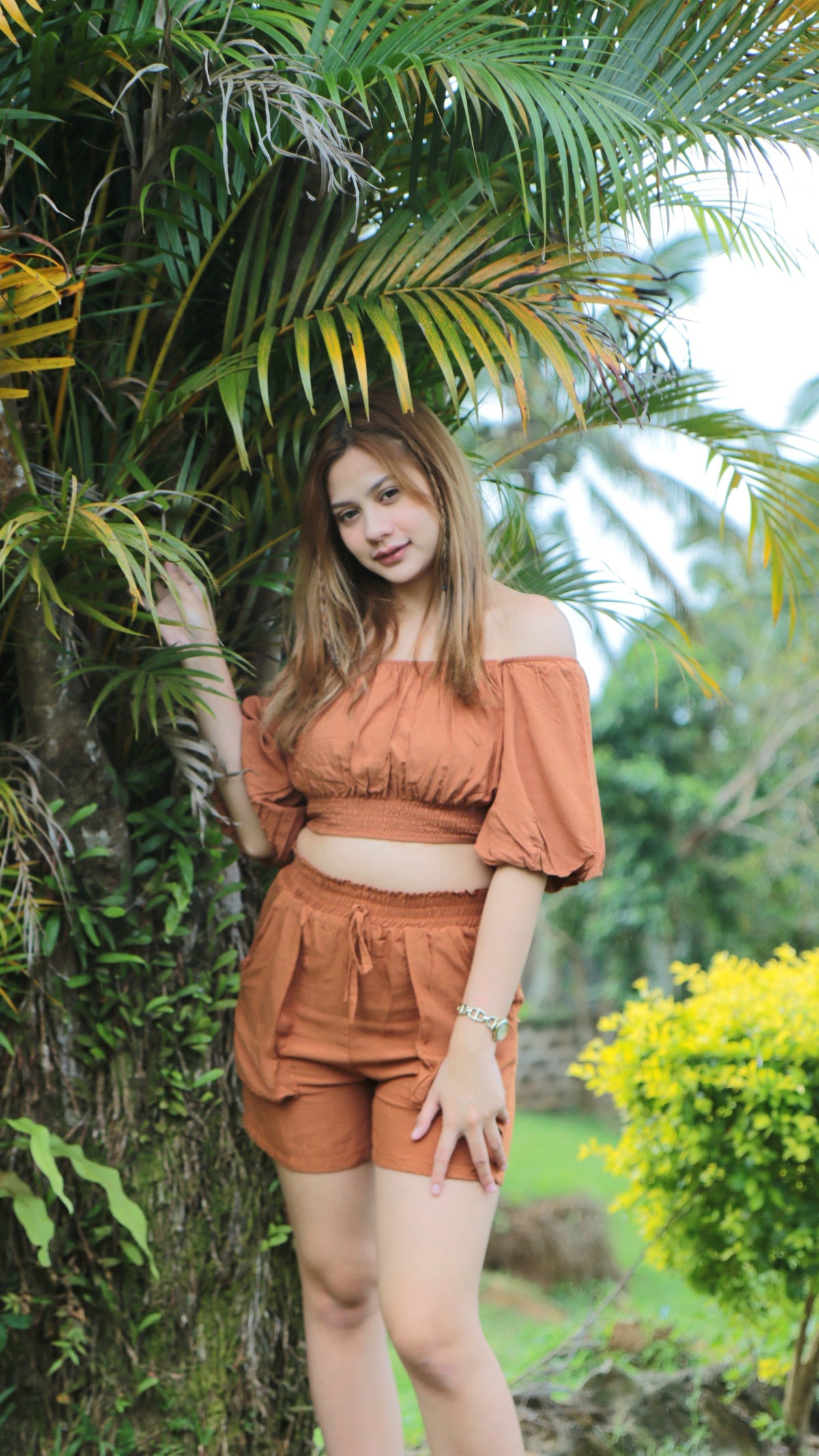 SC86 Set | Puff Sleeve Off Shoulder Top and Short Linen Set