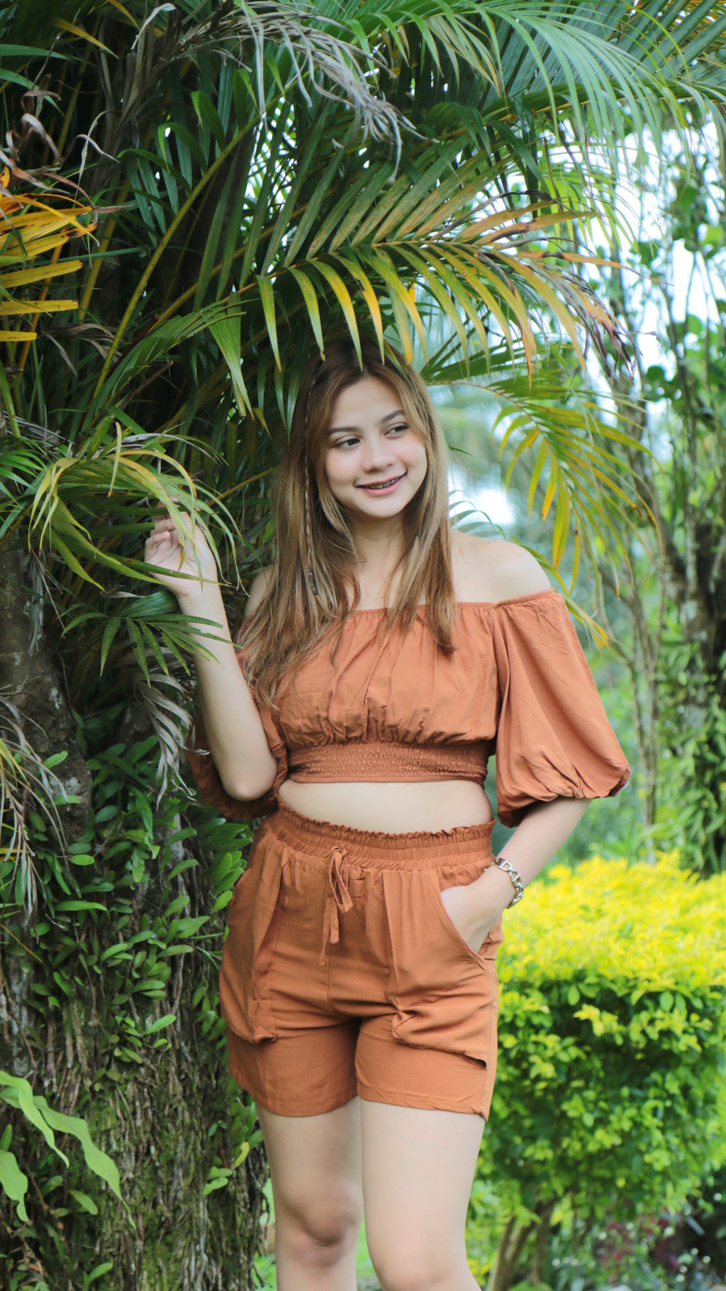 SC86 Set | Puff Sleeve Off Shoulder Top and Short Linen Set