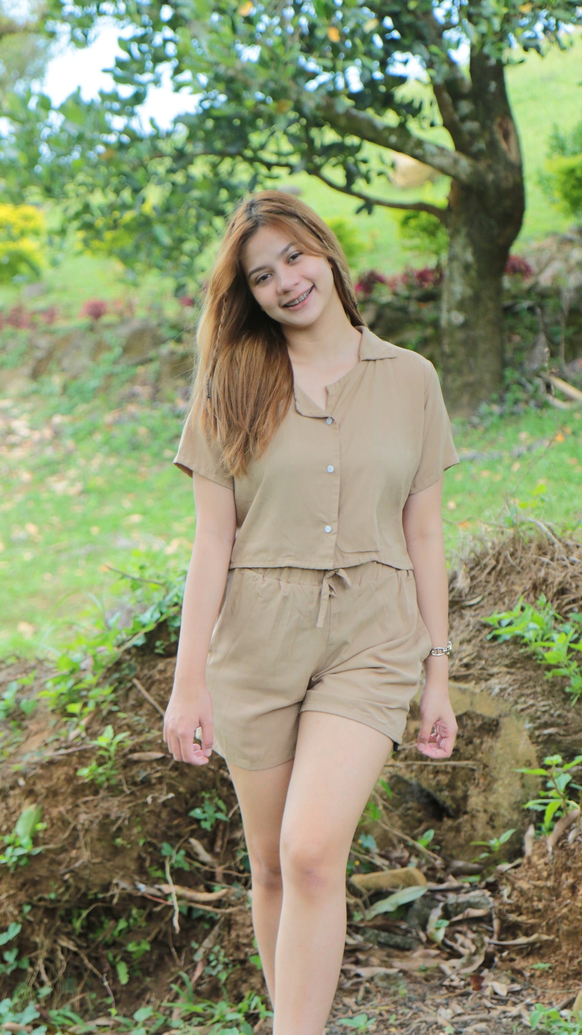 SC76 Set | Button Down Linen Polo Blouse and Shorts with pockets Set