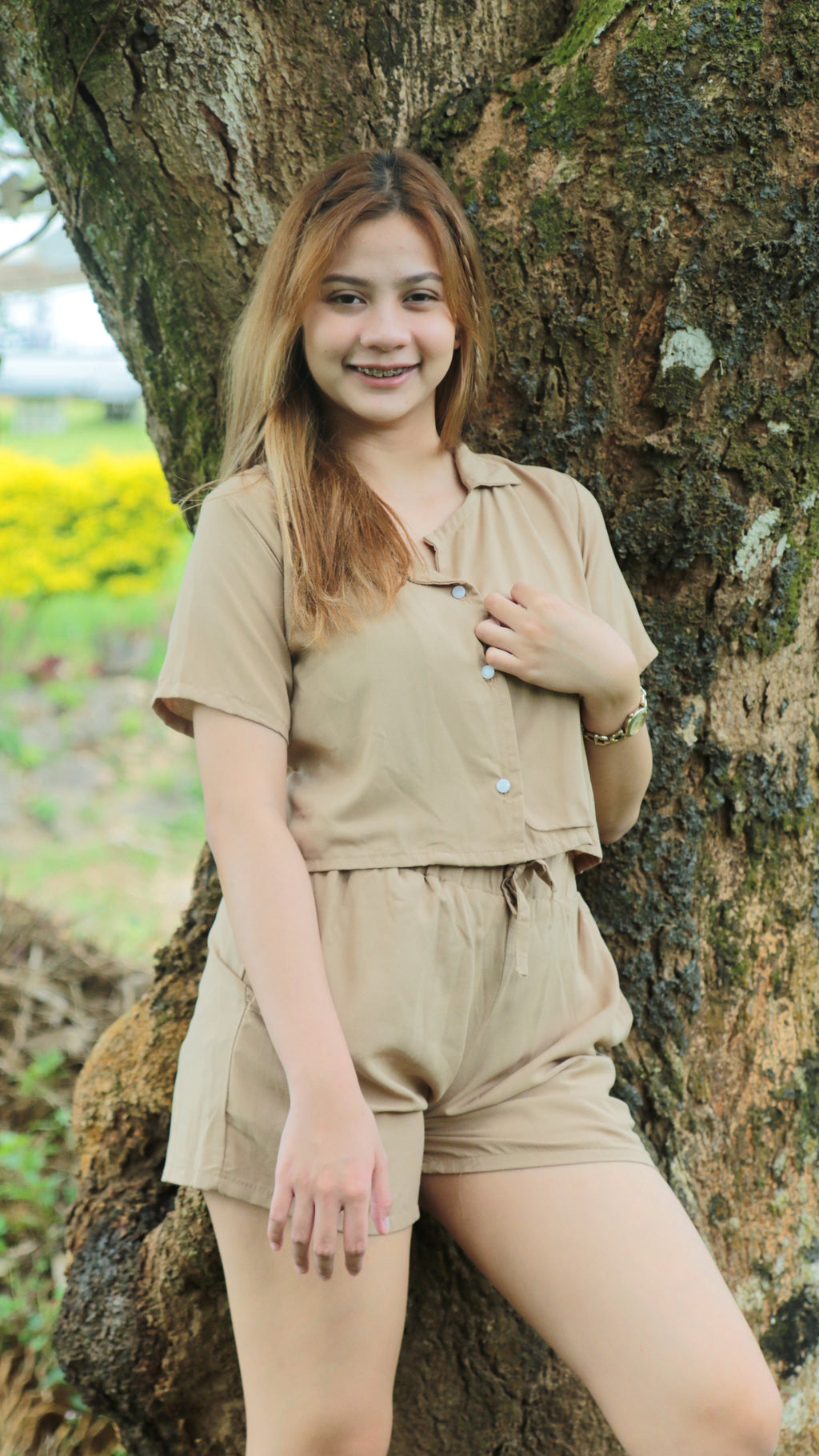 SC76 Set | Button Down Linen Polo Blouse and Shorts with pockets Set
