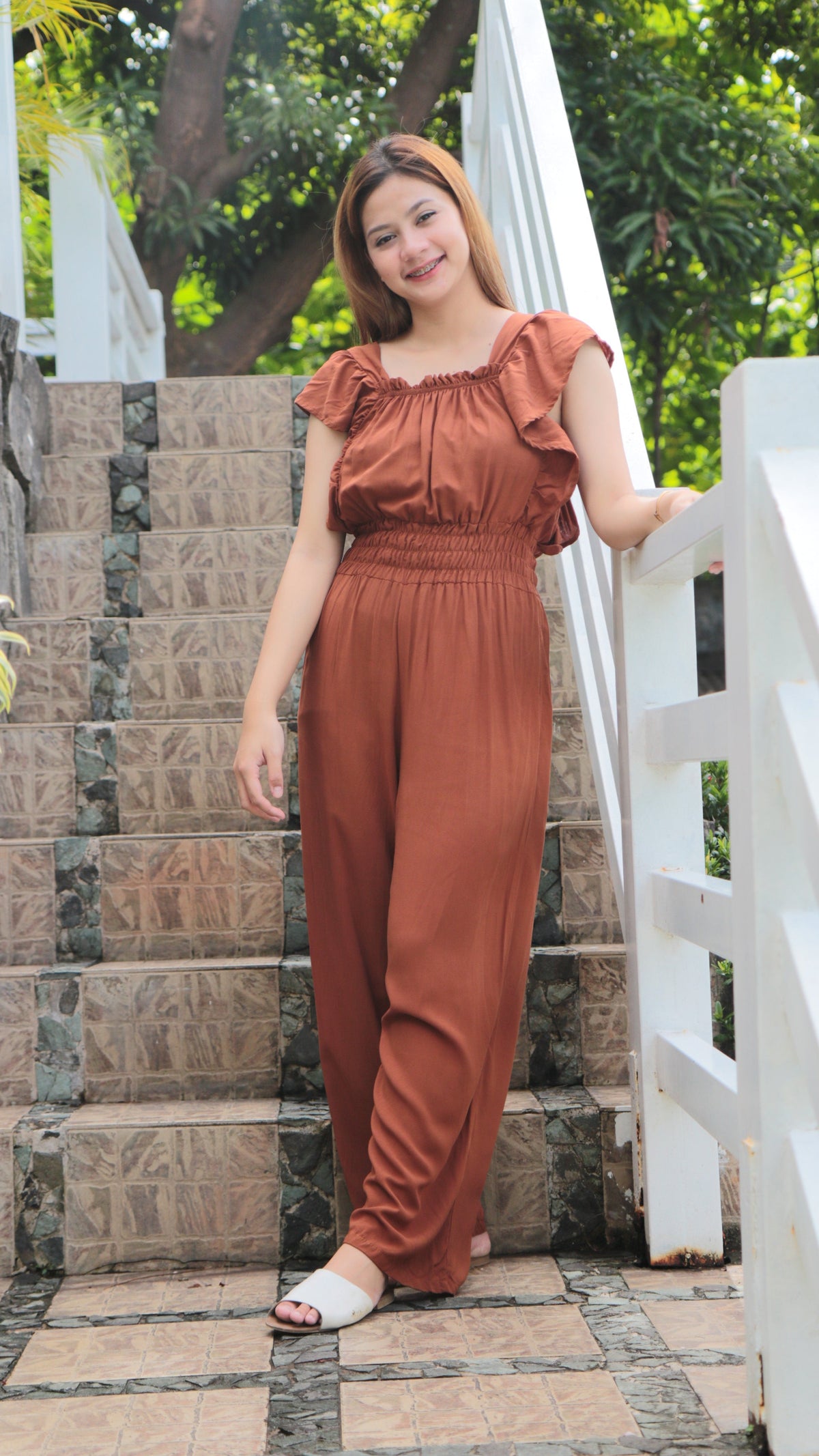SC109 Jumpsuit | Ruffles Women’s Smocked Waist Wide-Leg Linen Romper Jumpsuits with pockets