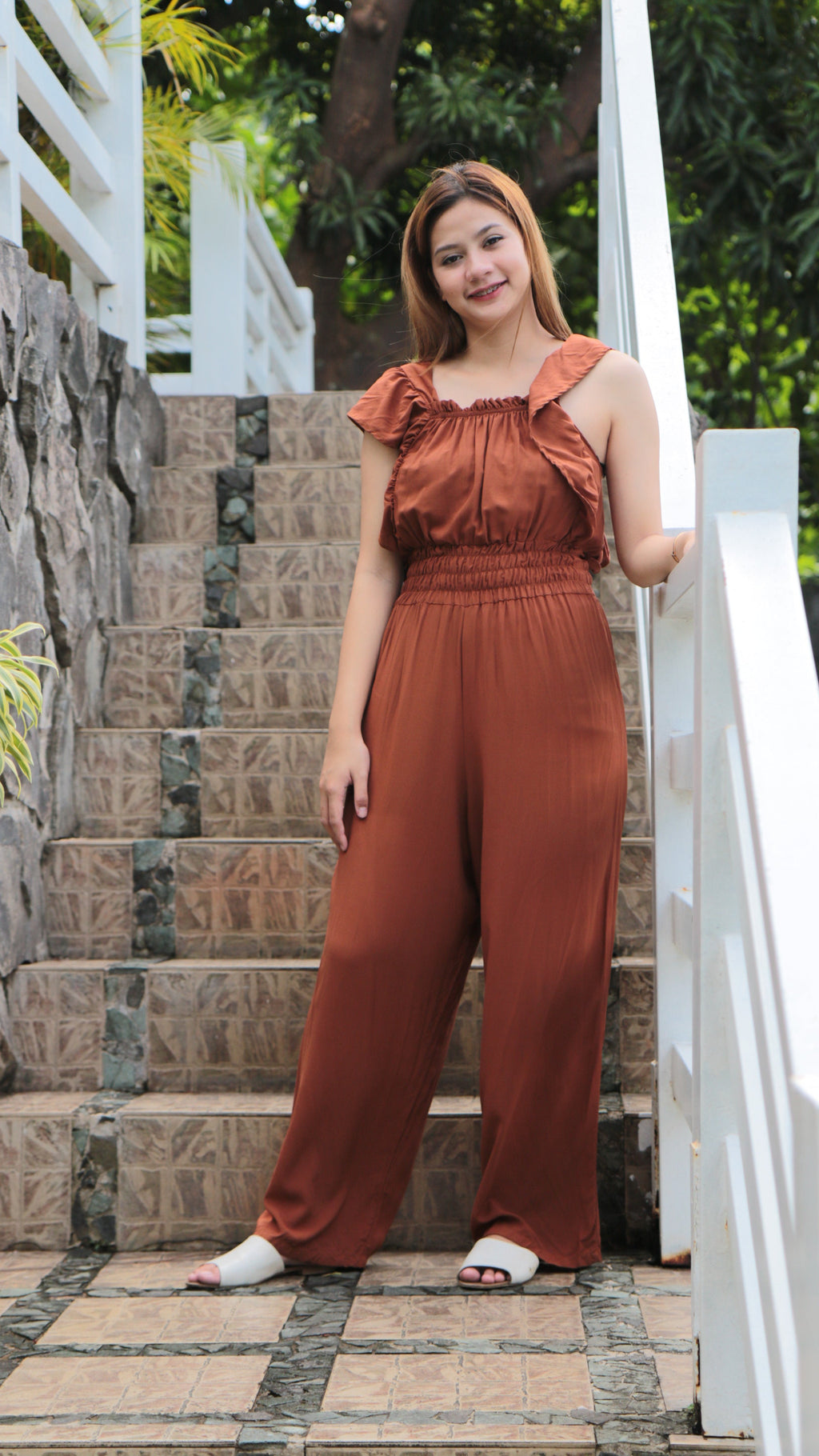SC109 Jumpsuit | Ruffles Women’s Smocked Waist Wide-Leg Linen Romper Jumpsuits with pockets