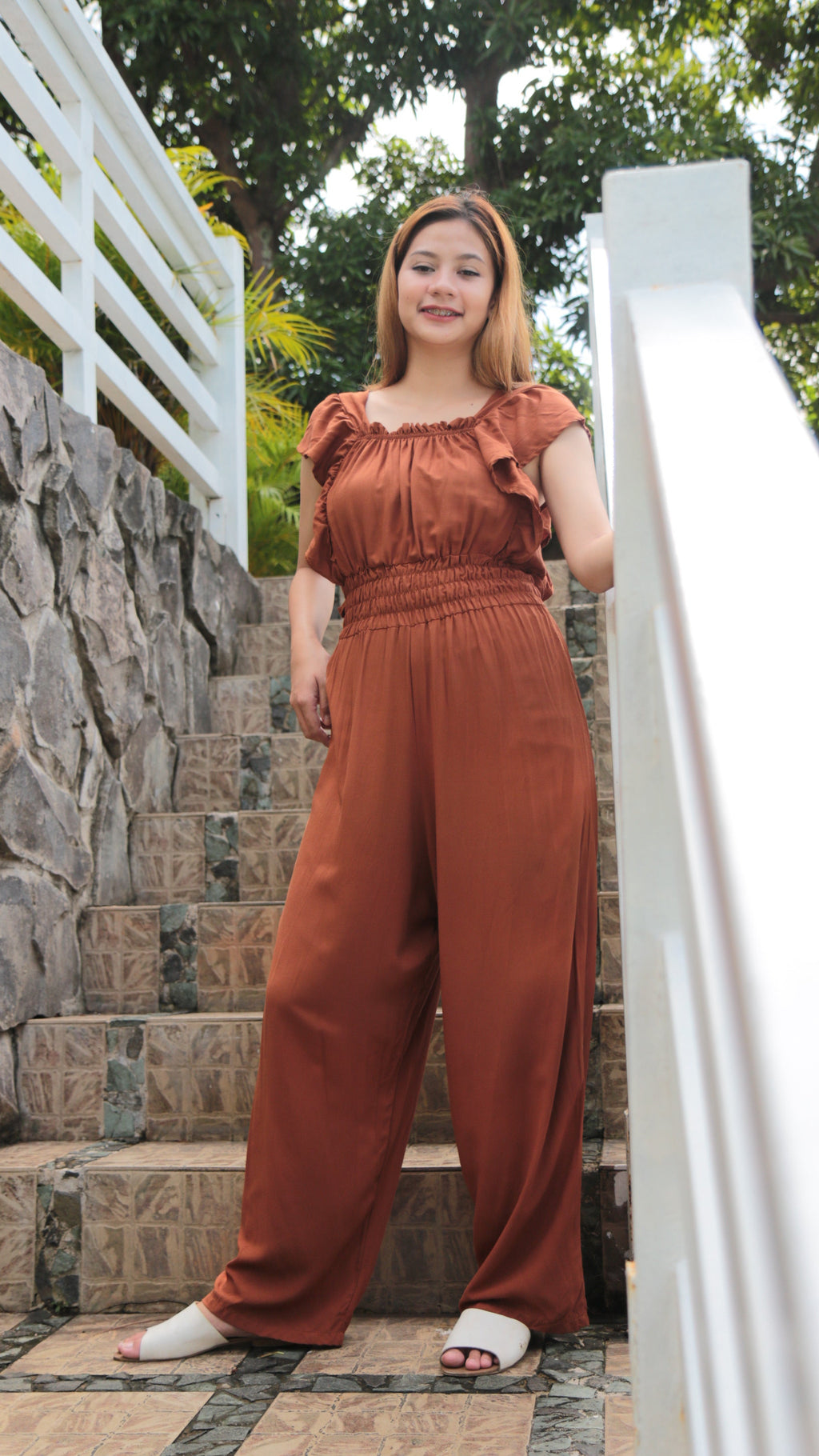SC109 Jumpsuit | Ruffles Women’s Smocked Waist Wide-Leg Linen Romper Jumpsuits with pockets