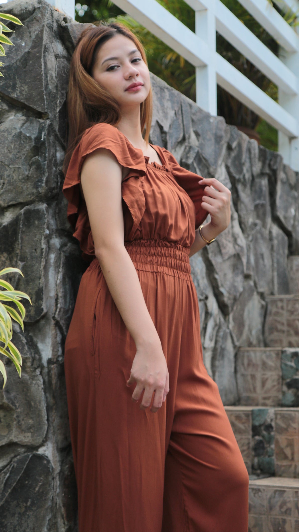 SC109 Jumpsuit | Ruffles Women’s Smocked Waist Wide-Leg Linen Romper Jumpsuits with pockets