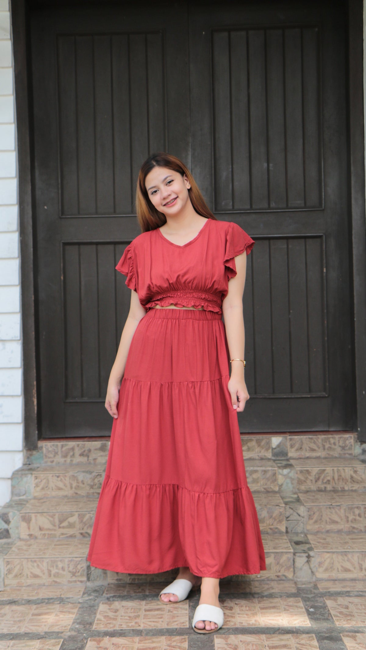 SC83 Set | Ruffles Crop Blouse and Maxi Linen Skirt Coordinates