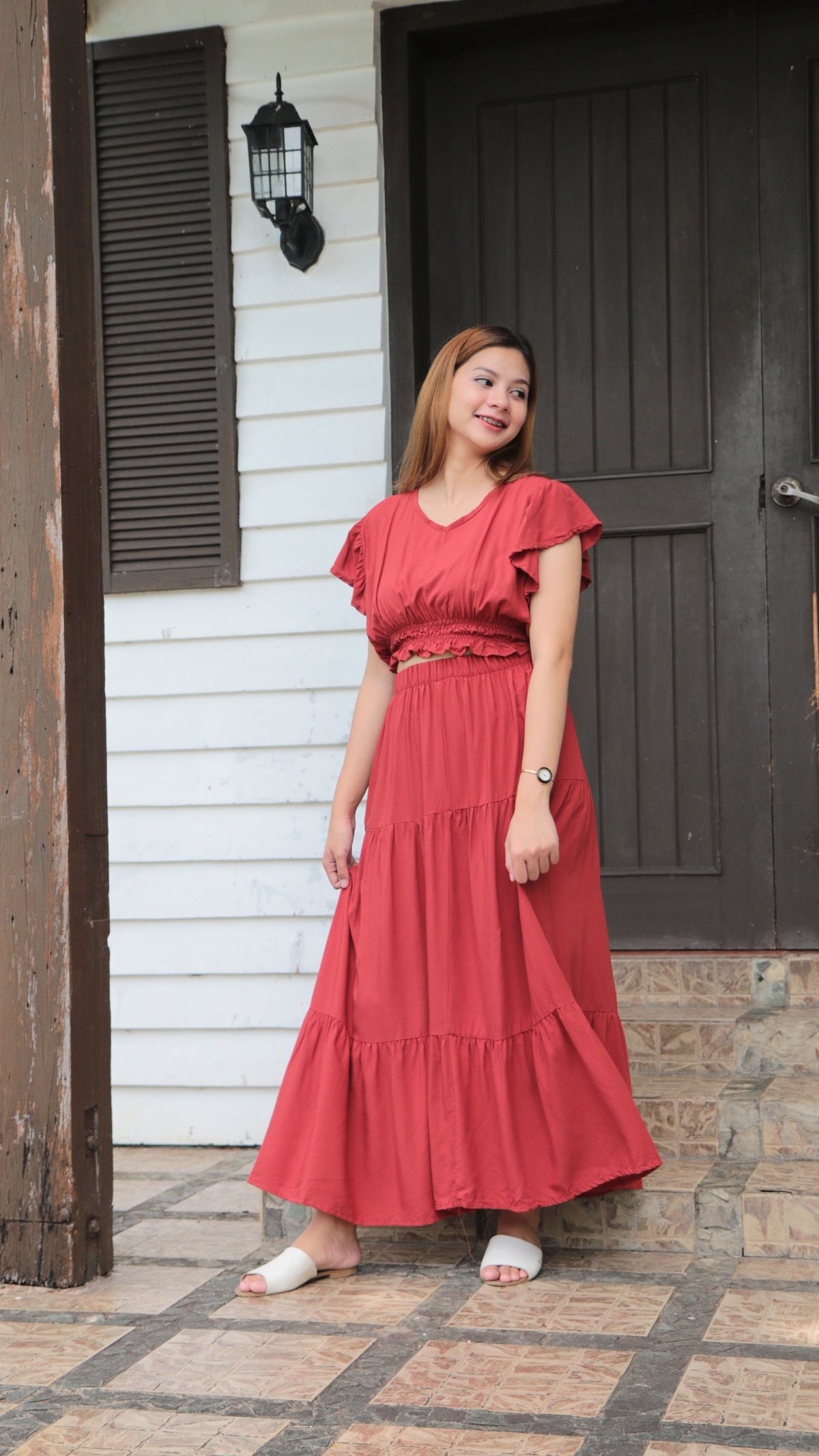 SC83 Set | Ruffles Crop Blouse and Maxi Linen Skirt Coordinates