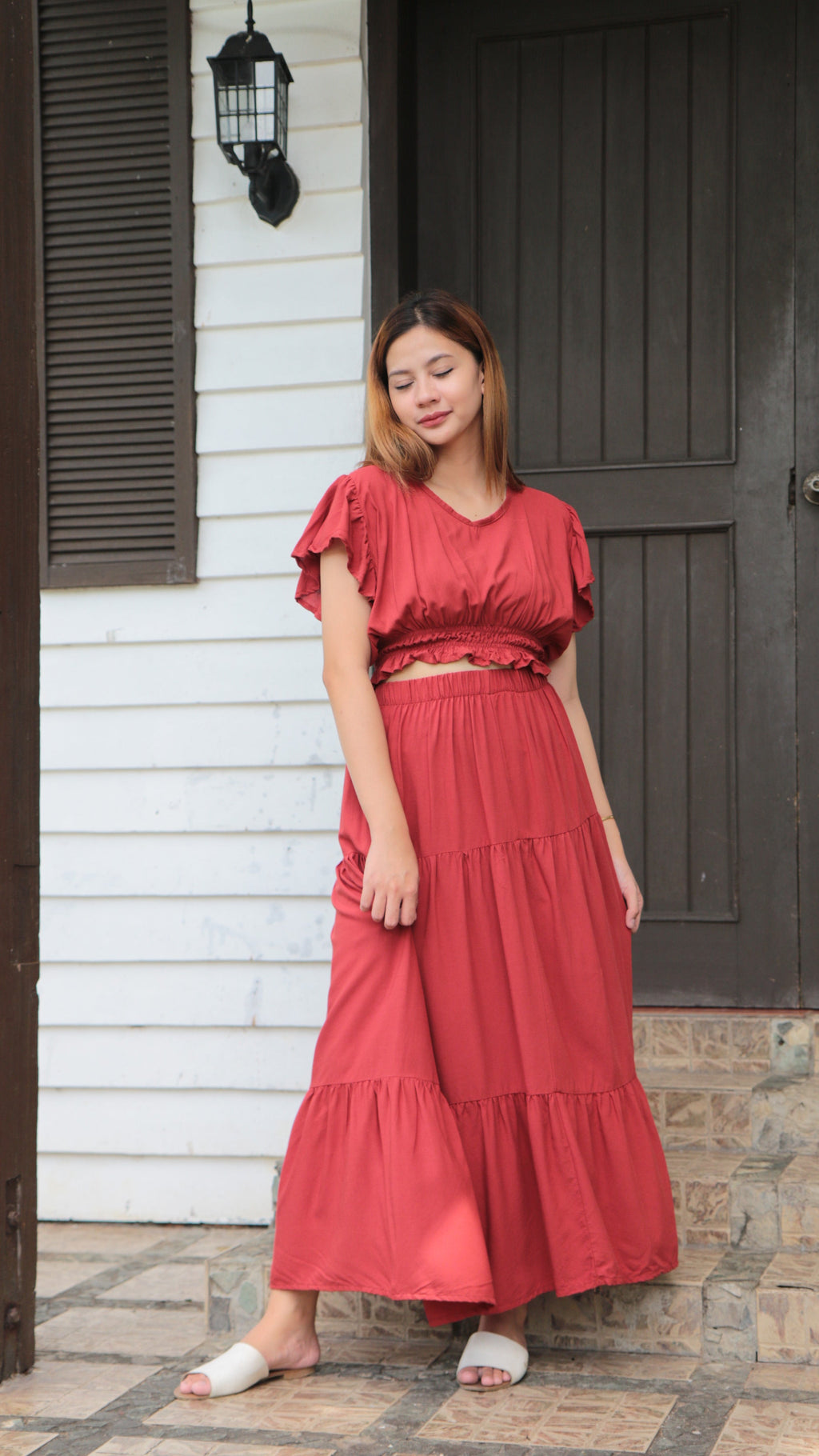 SC83 Set | Ruffles Crop Blouse and Maxi Linen Skirt Coordinates