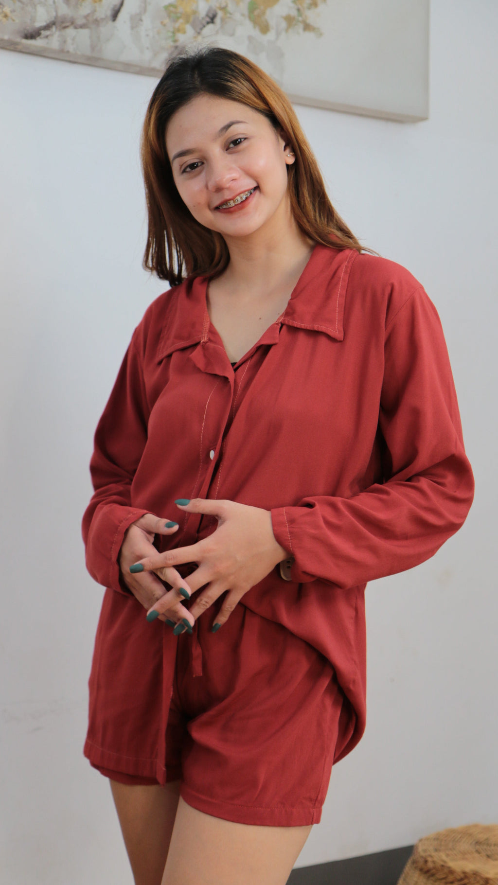 SC60 Set | Long-Sleeve Button Polo Top and Shorts with pockets Linen Set