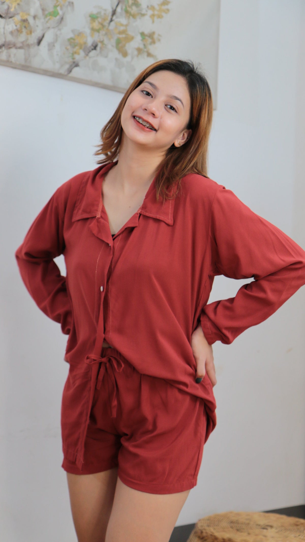 SC60 Set | Long-Sleeve Button Polo Top and Shorts with pockets Linen Set