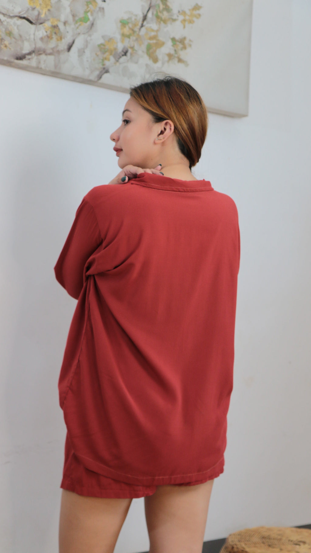 SC60 Set | Long-Sleeve Button Polo Top and Shorts with pockets Linen Set