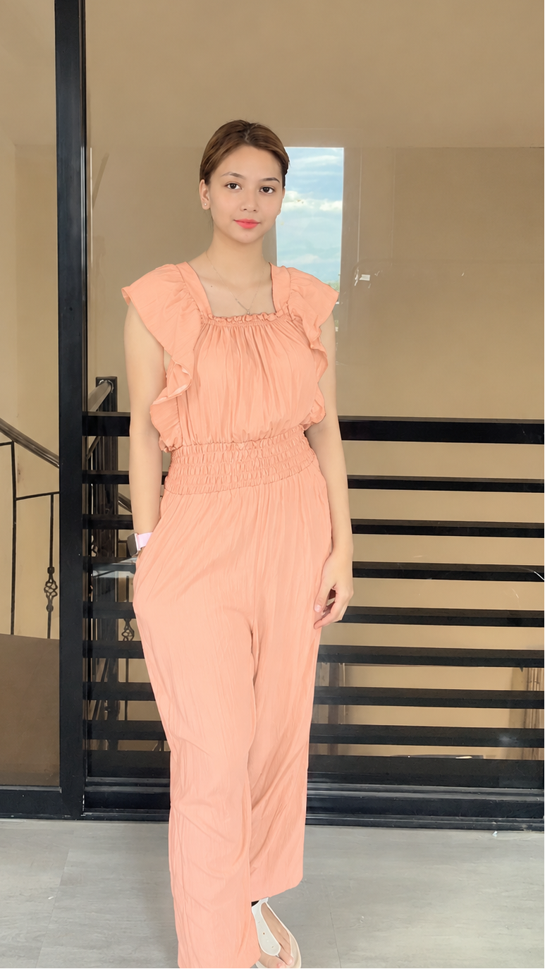 SC109 Jumpsuit | Ruffles Women’s Smocked Waist Wide-Leg Linen Romper Jumpsuits with pockets