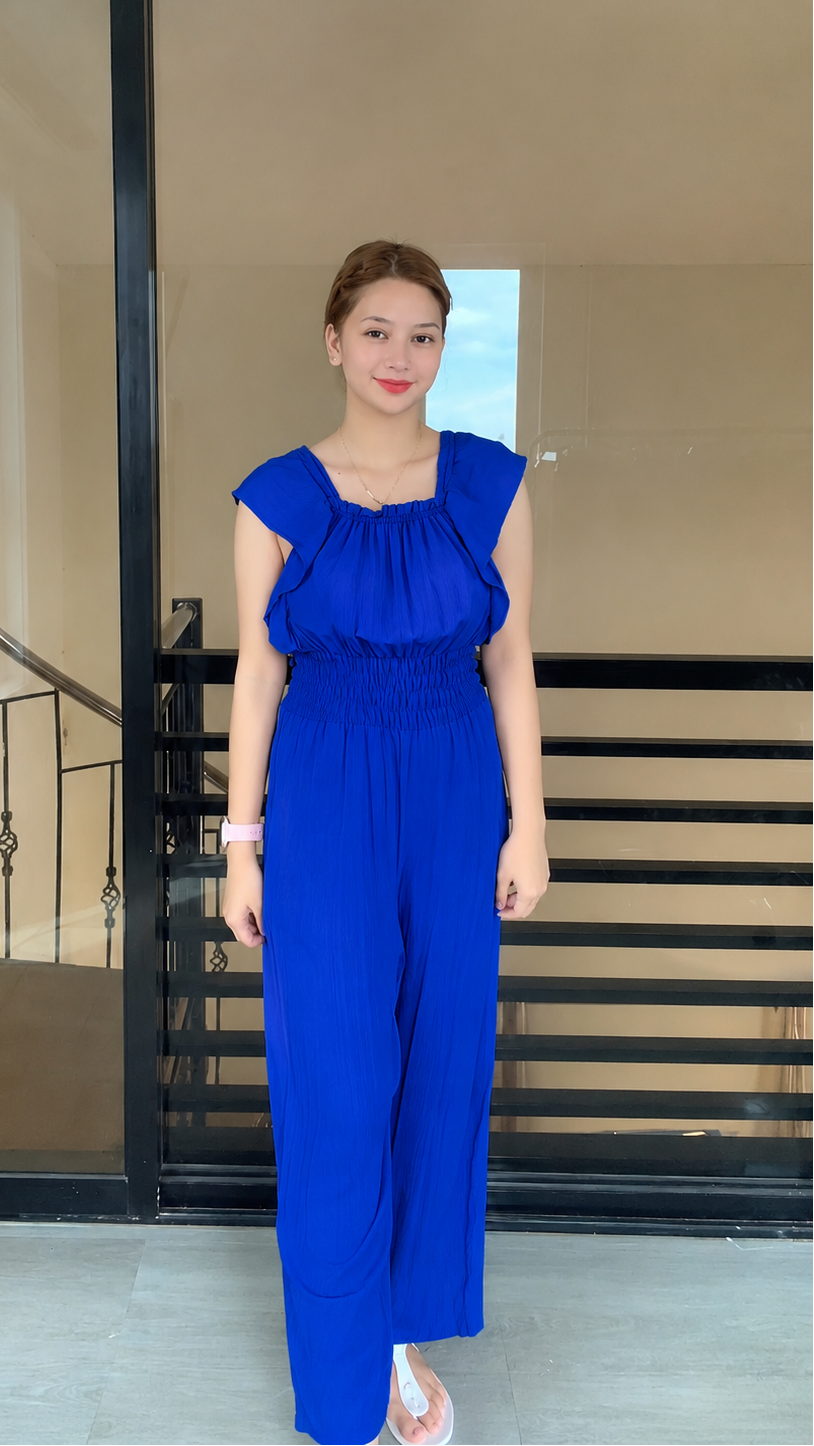 SC109 Jumpsuit | Ruffles Women’s Smocked Waist Wide-Leg Linen Romper Jumpsuits with pockets