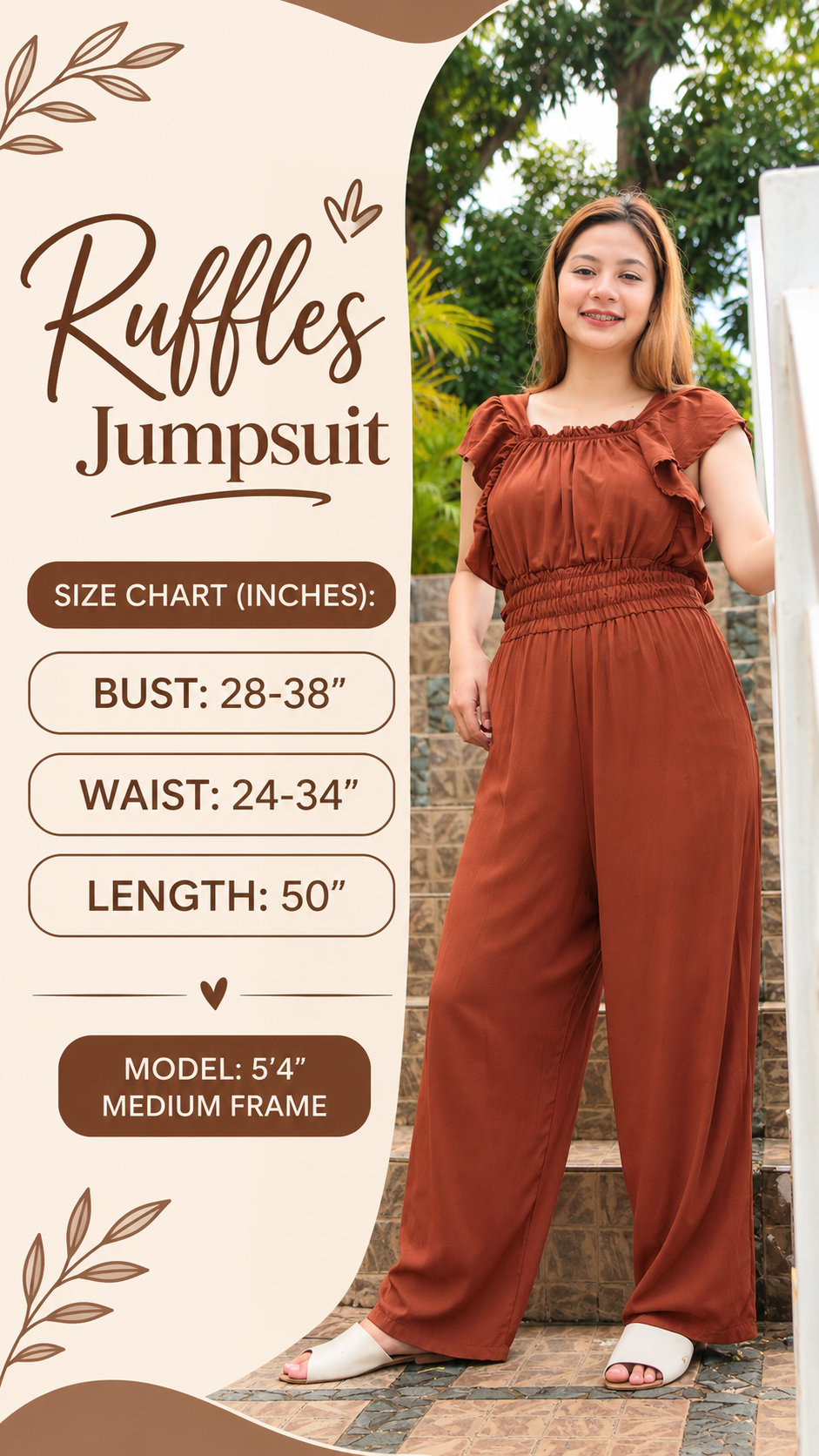 SC109 Jumpsuit | Ruffles Women’s Smocked Waist Wide-Leg Linen Romper Jumpsuits with pockets