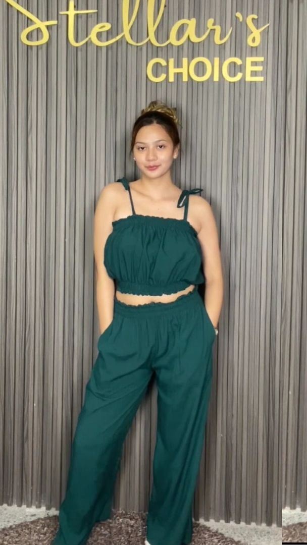 SC107 Set | Self Tie Tube Top and Wideleg Pants with pockets Linen Set