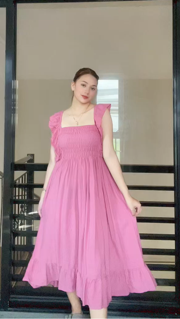 SC70 Dress |  Ruffle Strap Smocking Linen Maxi Dress
