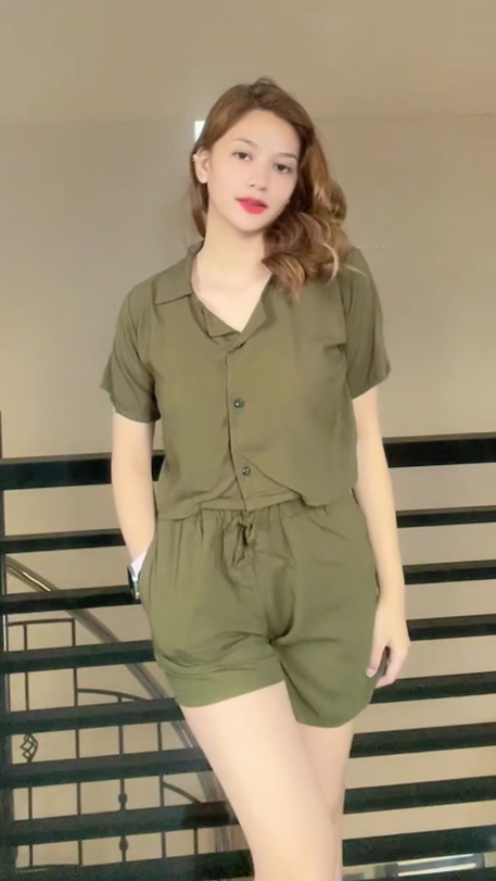 SC76 Set | Button Down Linen Polo Blouse and Shorts with pockets Set