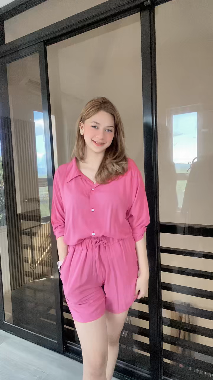 SC60 Set | Long-Sleeve Button Polo Top and Shorts with pockets Linen Set