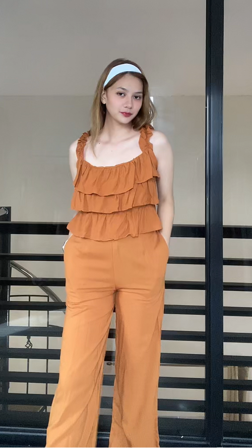 SC104 Set | Ruffles Top and Trouser Pants with Pockets Linen Set