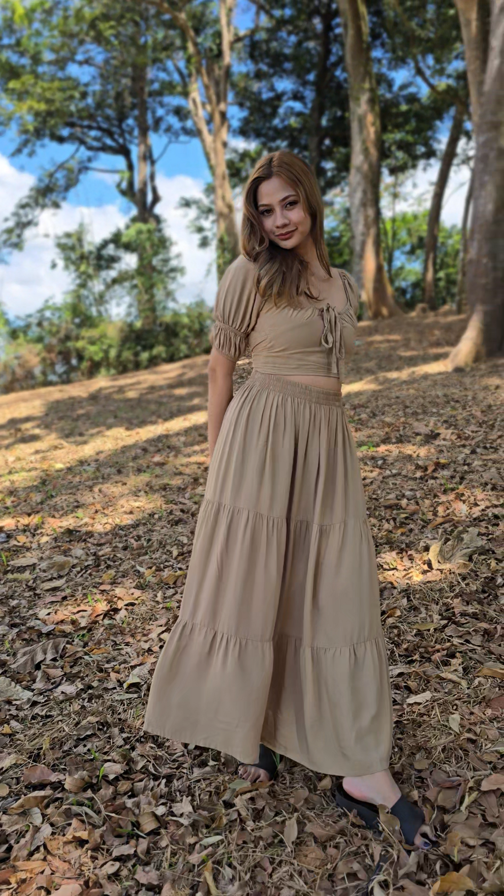 SC128 SET| Linen Self Tie Blouse and Long Maxi Skirt Set