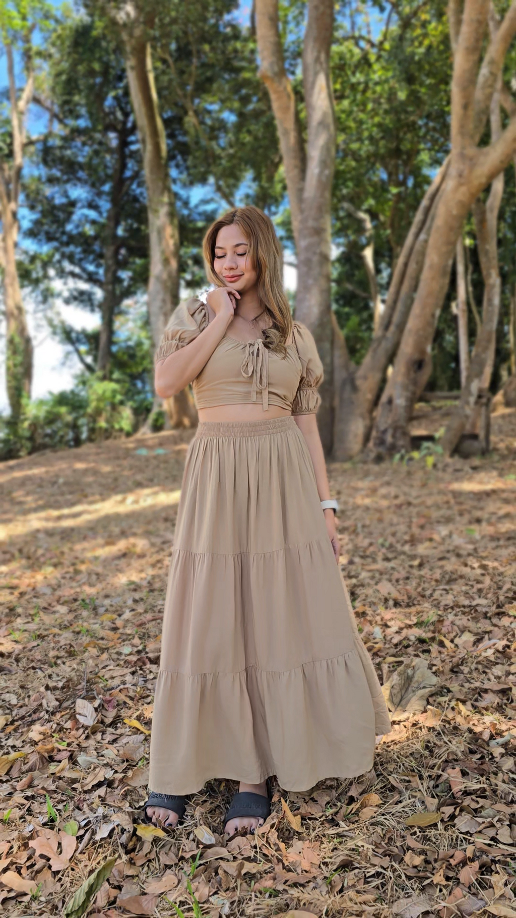 SC128 SET| Linen Self Tie Blouse and Long Maxi Skirt Set