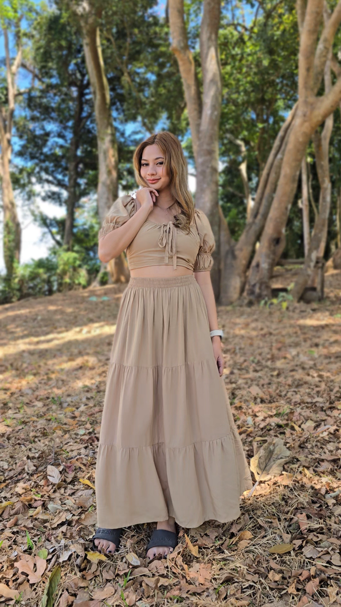 SC128 SET| Linen Self Tie Blouse and Long Maxi Skirt Set