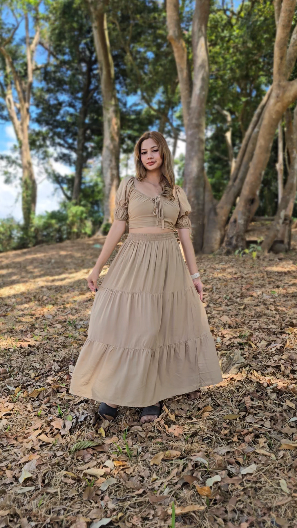 SC128 SET| Linen Self Tie Blouse and Long Maxi Skirt Set