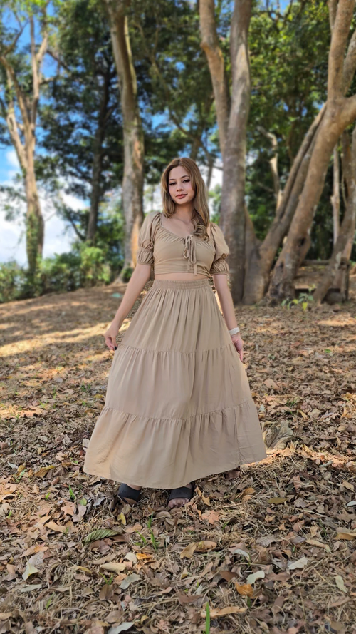 SC128 SET| Linen Self Tie Blouse and Long Maxi Skirt Set