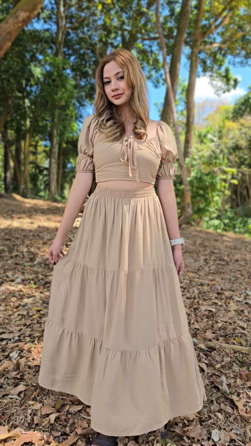 SC128 SET| Linen Self Tie Blouse and Long Maxi Skirt Set