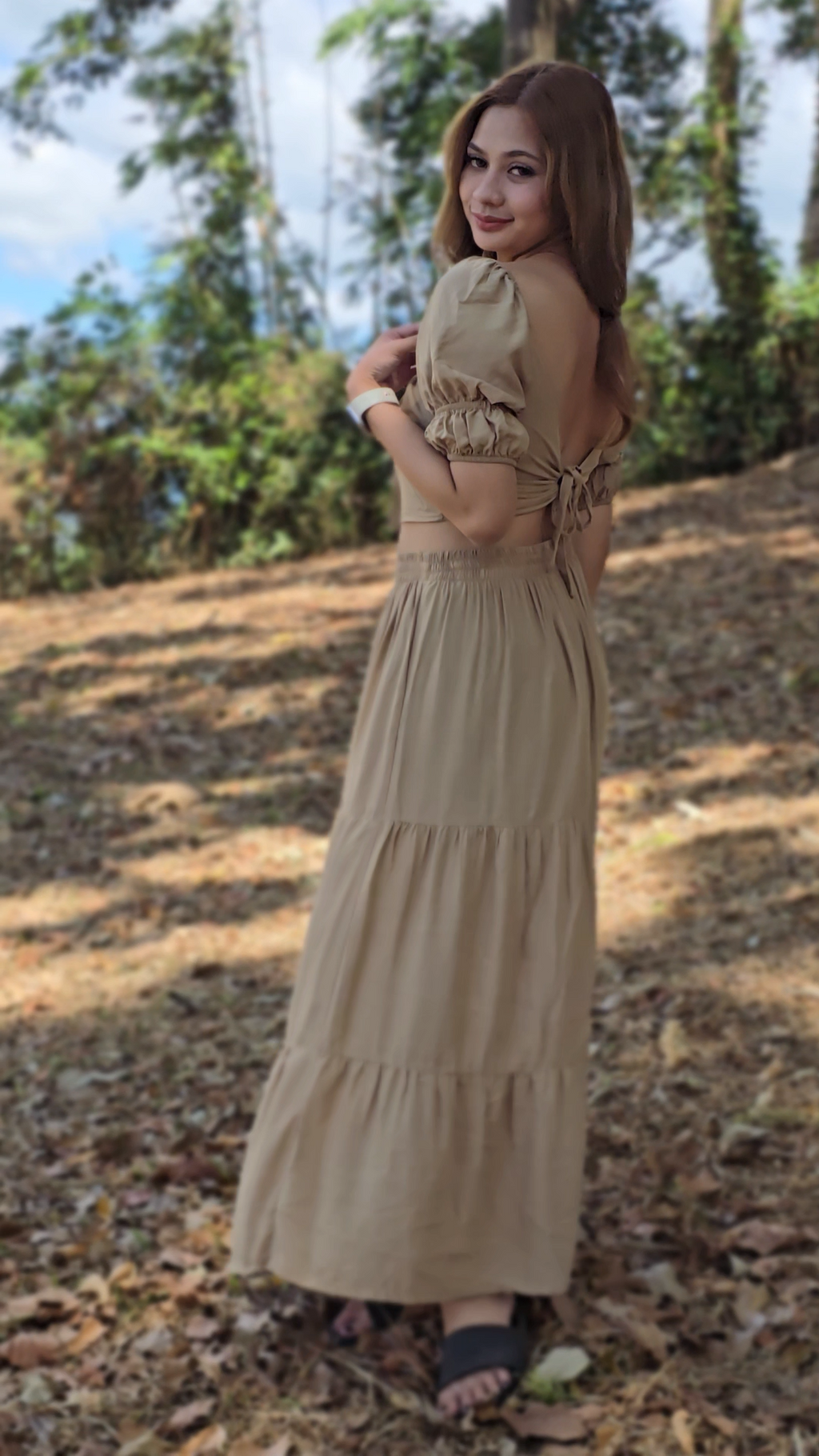 SC128 SET| Linen Self Tie Blouse and Long Maxi Skirt Set