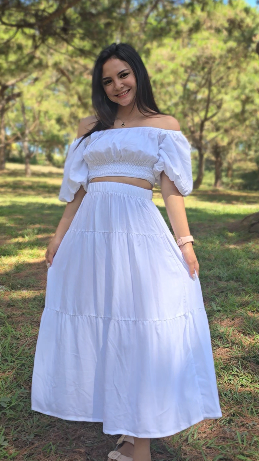 SC78 Set | Off-Shoulder Puff Sleeves Top and Maxi Skirt Set