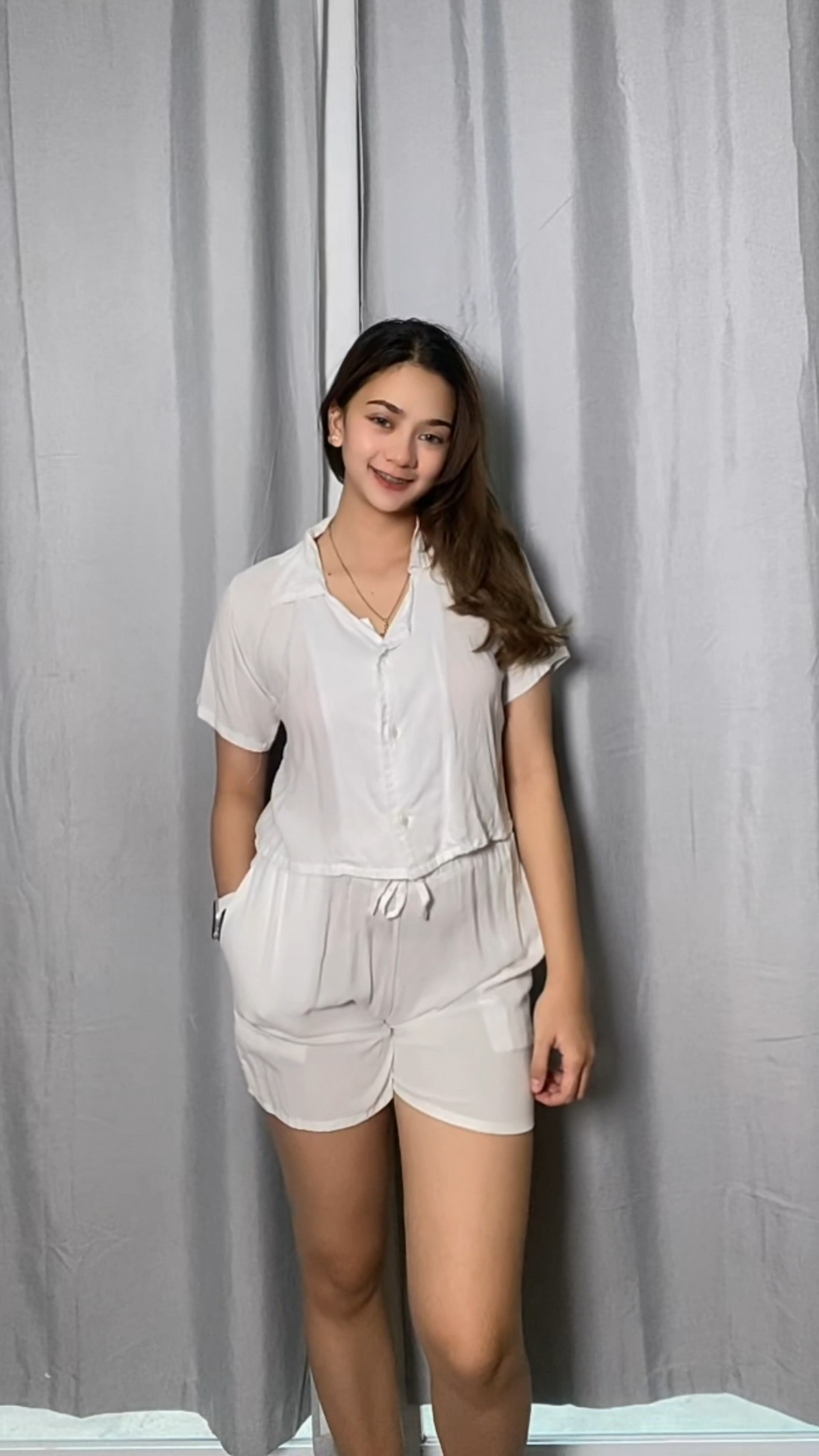 SC76 Set | Button Down Linen Polo Blouse and Shorts with pockets Set