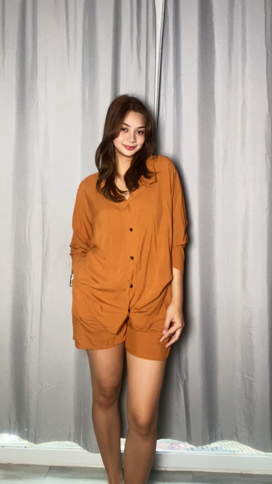 SC60 Set | Long-Sleeve Button Polo Top and Shorts with pockets Linen Set