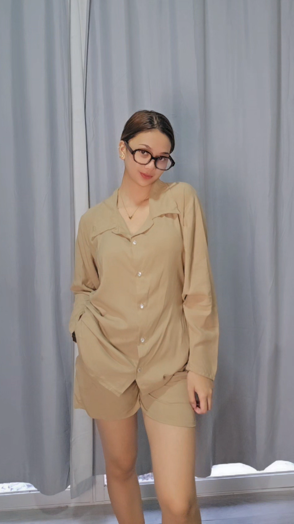 SC60 Set | Long-Sleeve Button Polo Top and Shorts with pockets Linen Set