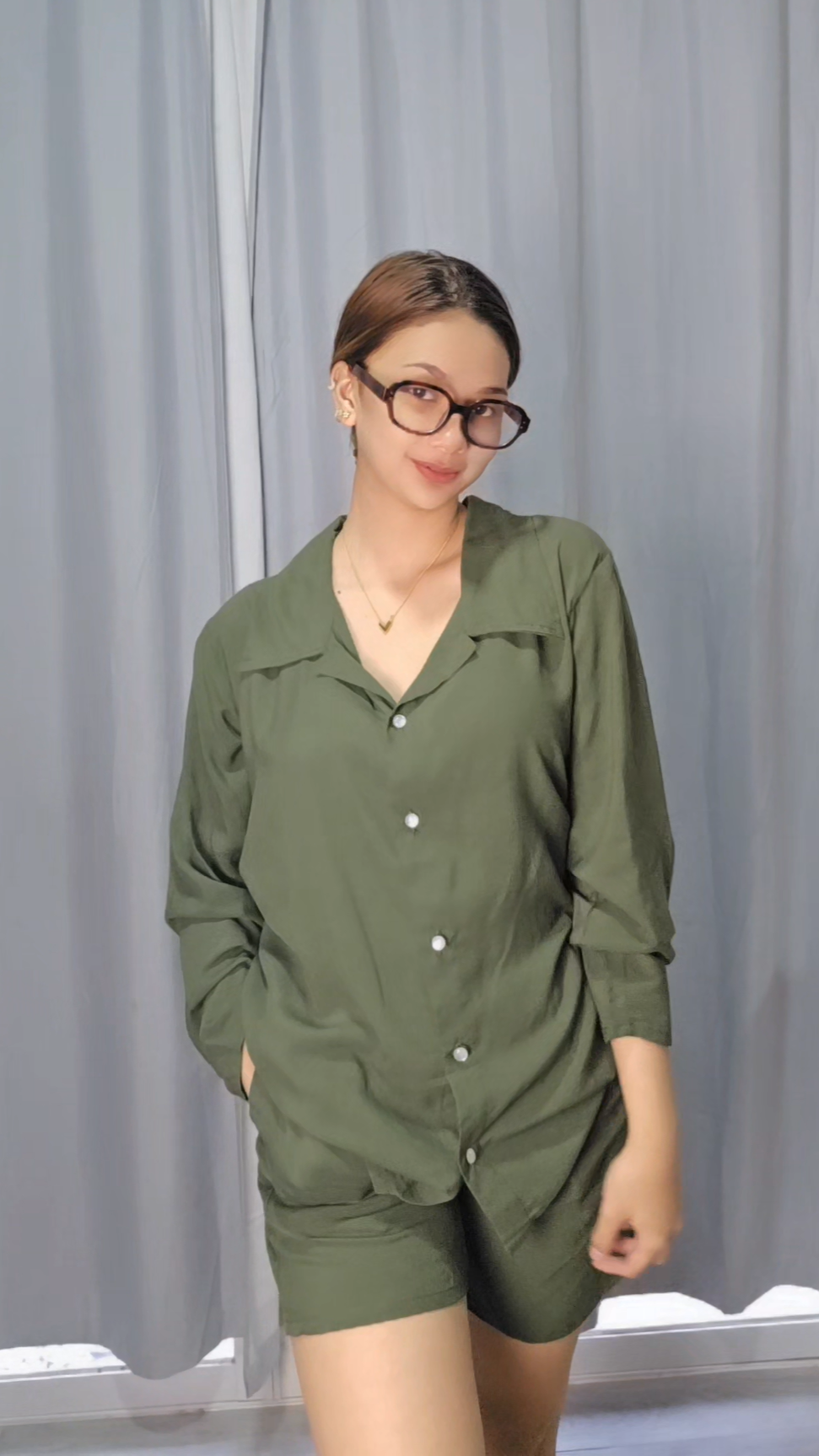 SC60 Set | Long-Sleeve Button Polo Top and Shorts with pockets Linen Set