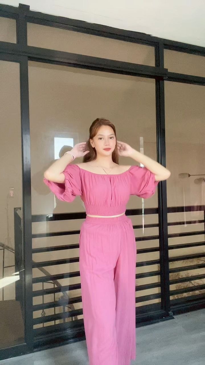 SC71 Set | Off-Shoulder Puff Sleeve Top and Wideleg Pants Linen Coordinates Set