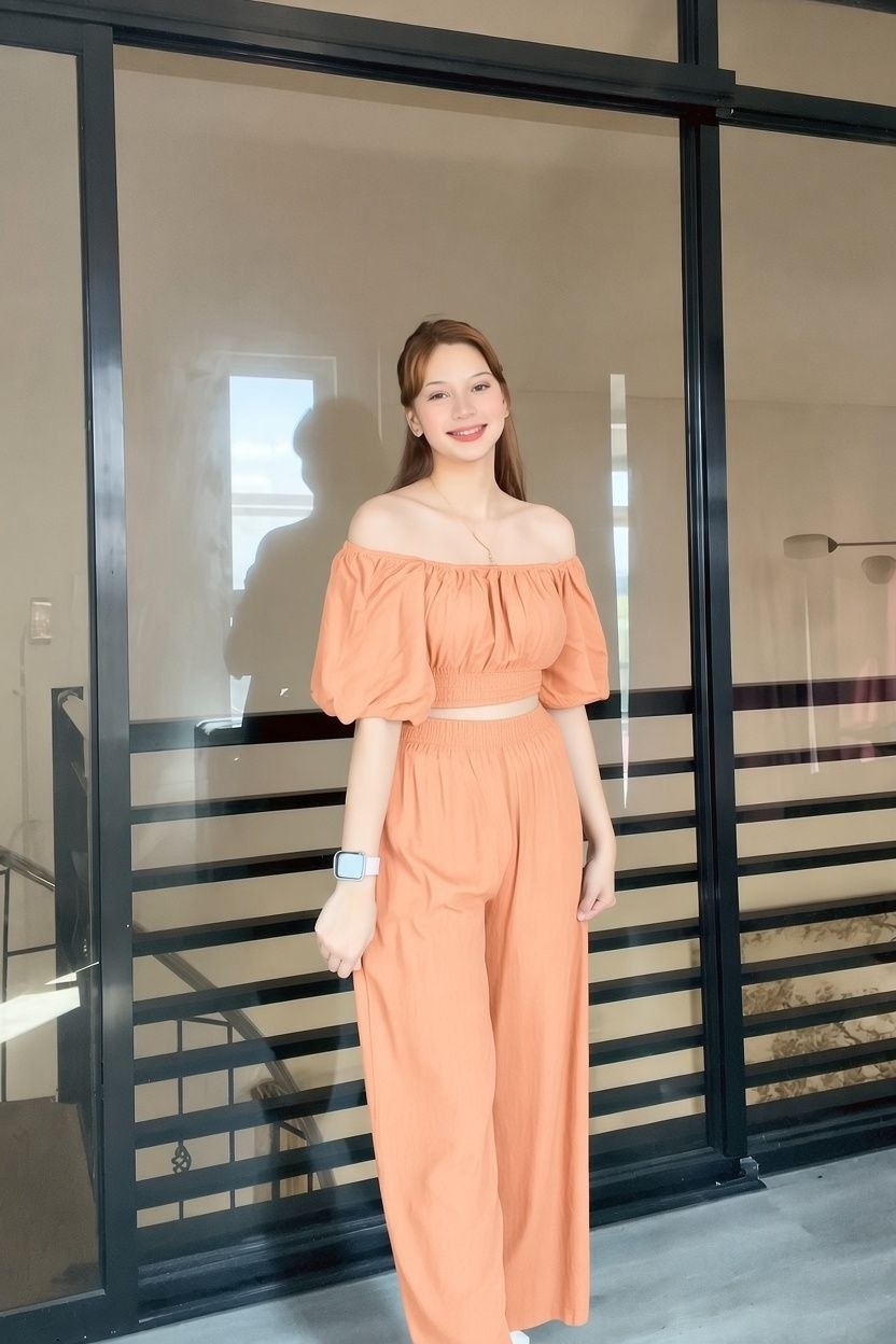 SC71 Set | Off-Shoulder Puff Sleeve Top and Wideleg Pants Linen Coordinates Set