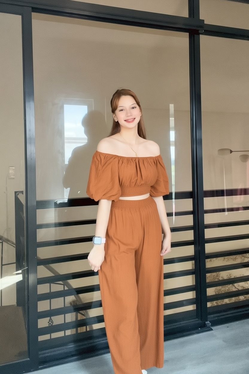 SC71 Set | Off-Shoulder Puff Sleeve Top and Wideleg Pants Linen Coordinates Set